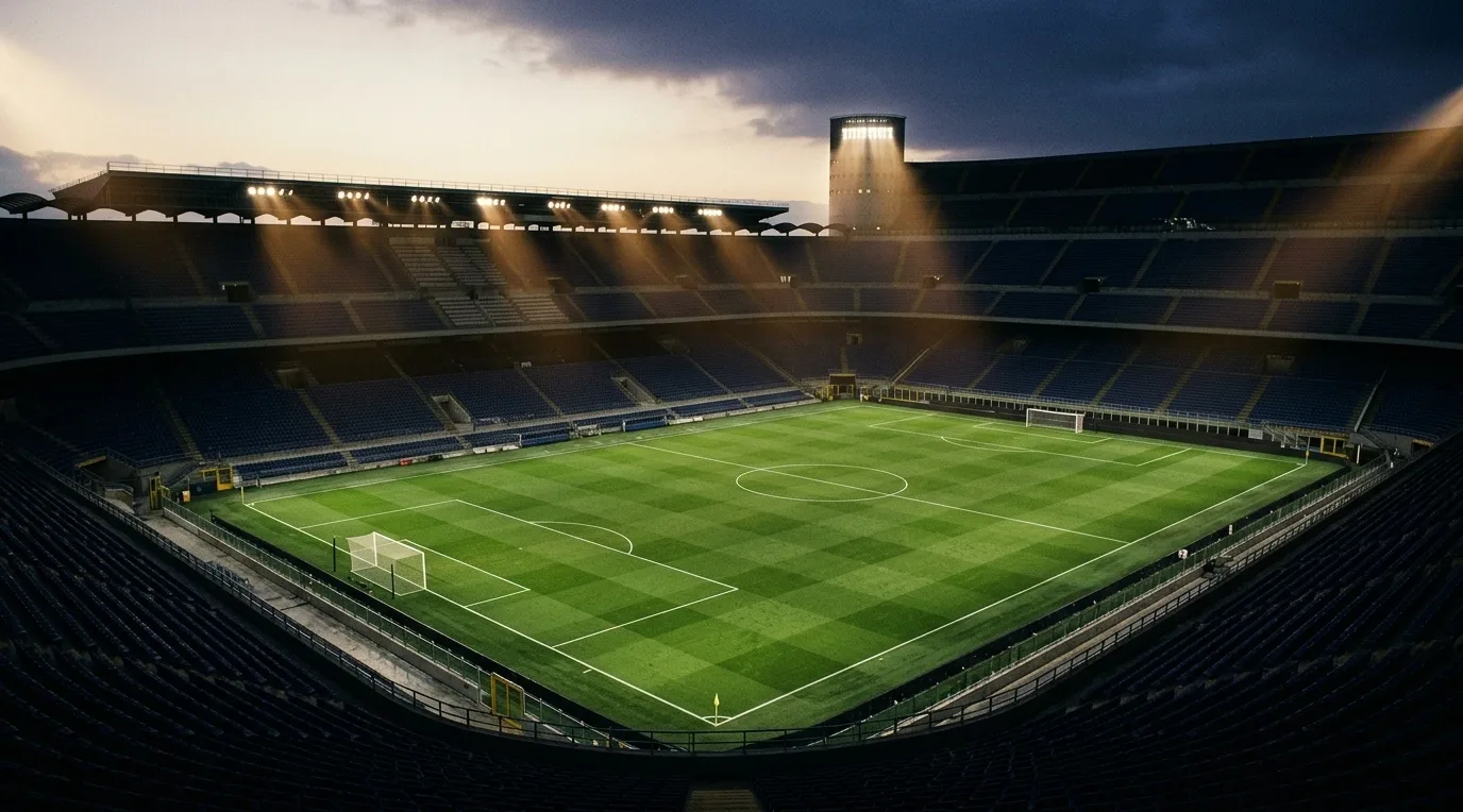Pelouse d’un stade européen éclairée avant une soirée de Ligue des Champions