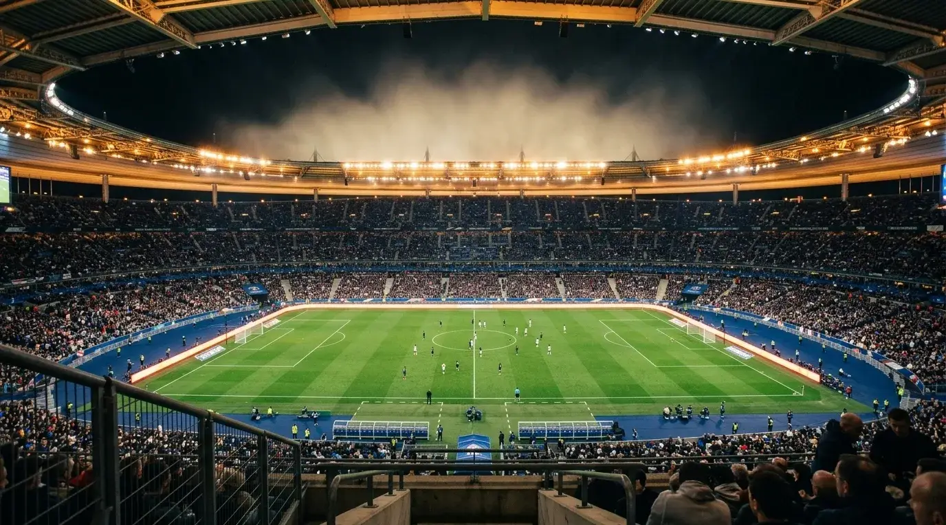 Vue large d’un stade de Ligue 1 un soir de match