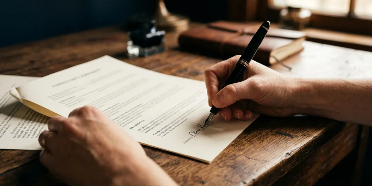 Signature d’un document contractuel sur un bureau