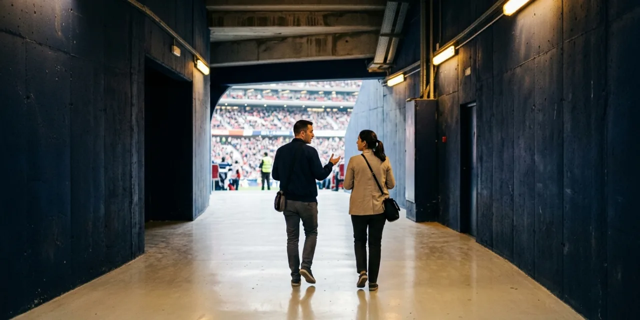 Deux personnes en discussion dans un couloir de stade