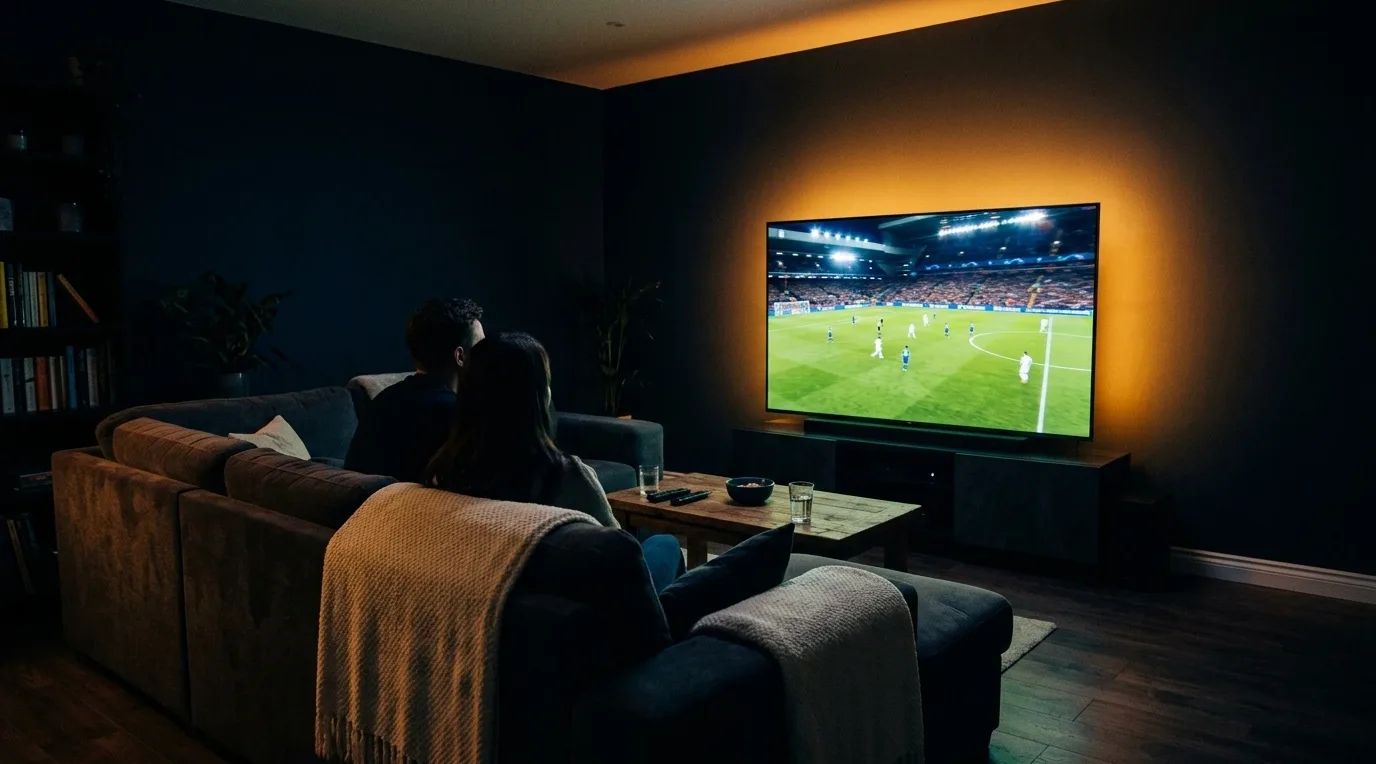Salon éclairé par un écran diffusant un match de football