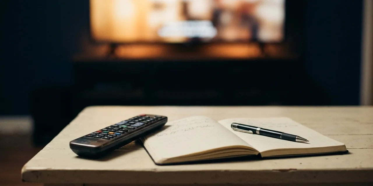 Télécommande et carnet posés sur une table basse devant un écran