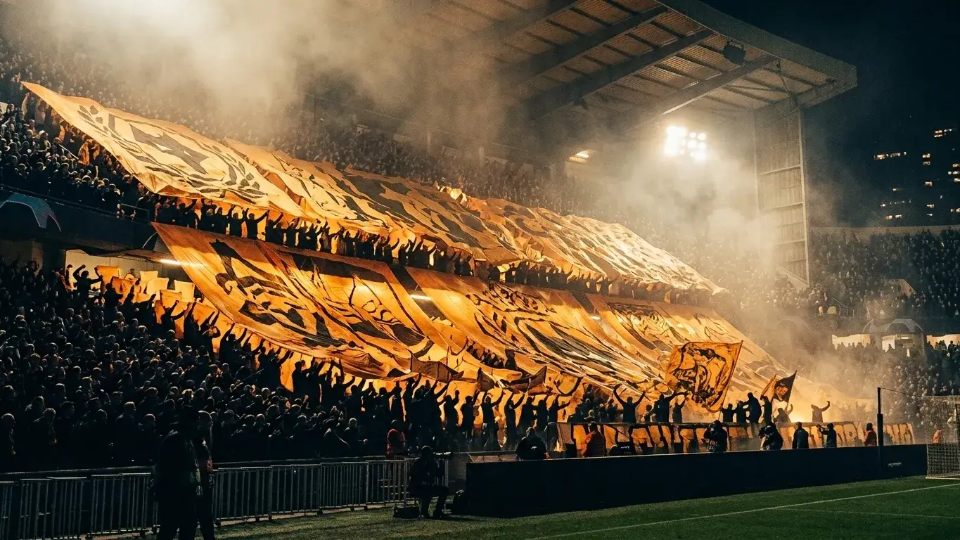 Supporters dans un stade de football avec de grandes bannières