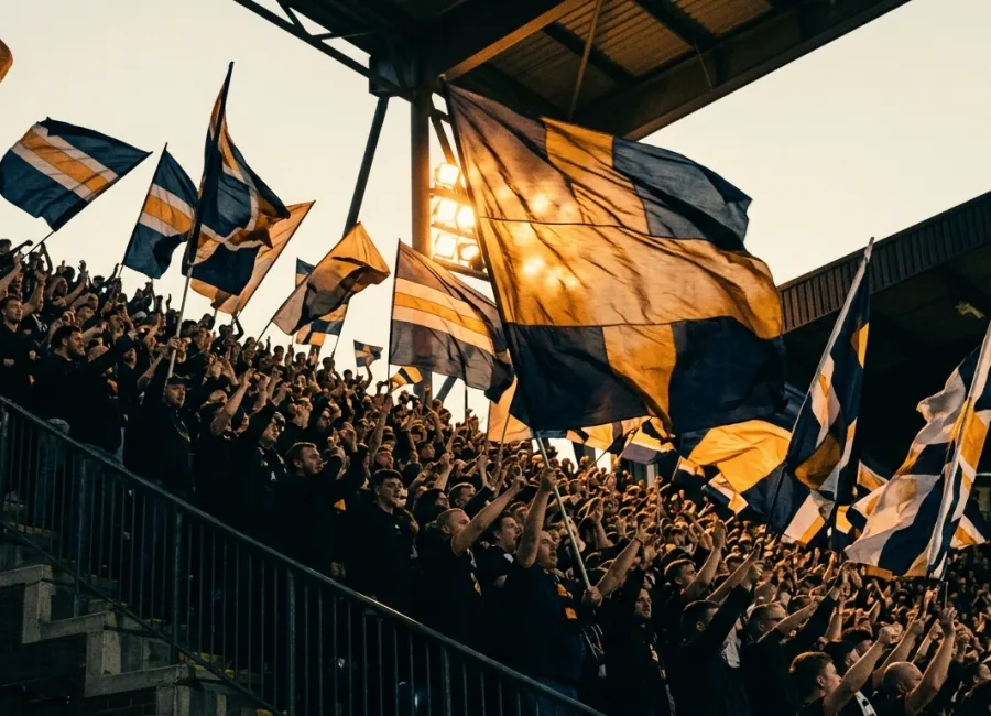 Supporters avec drapeaux dans les tribunes