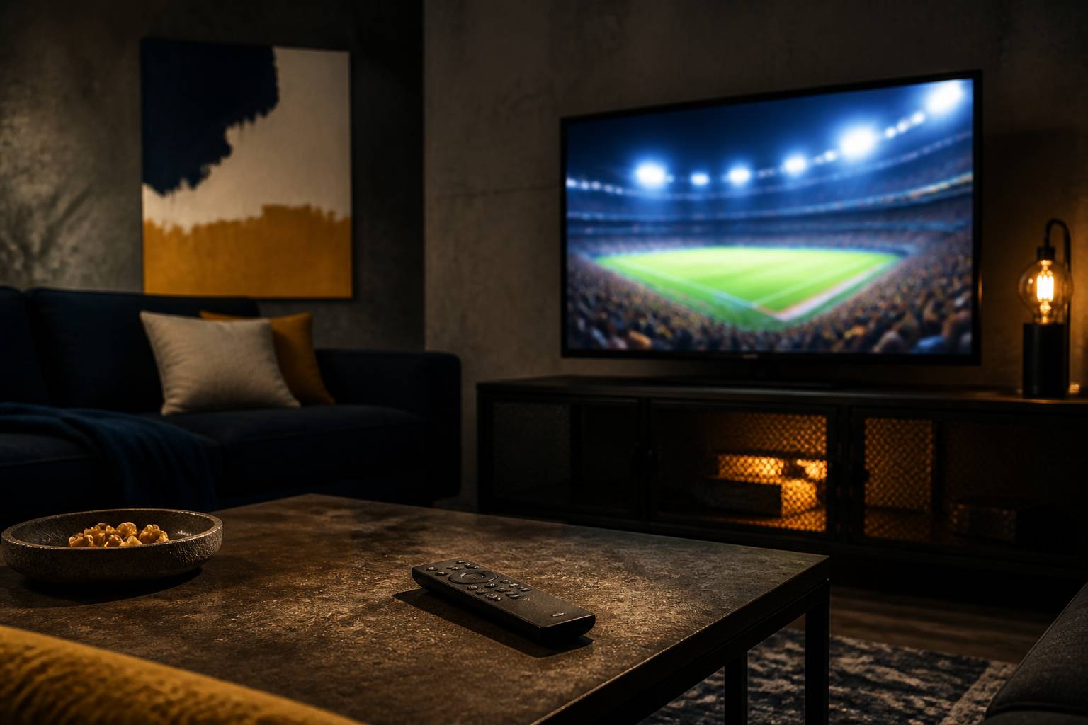 Télécommande sur une table basse devant une télévision montrant un stade flou