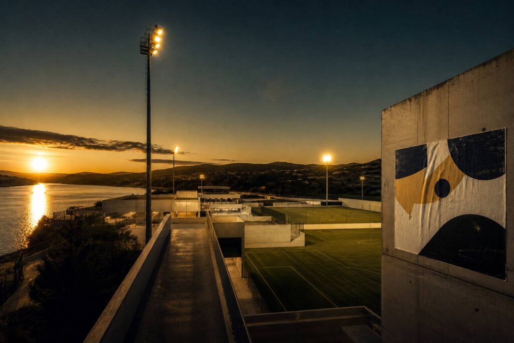 Académie de football moderne au bord d'un fleuve avec terrains verts en fin de journée