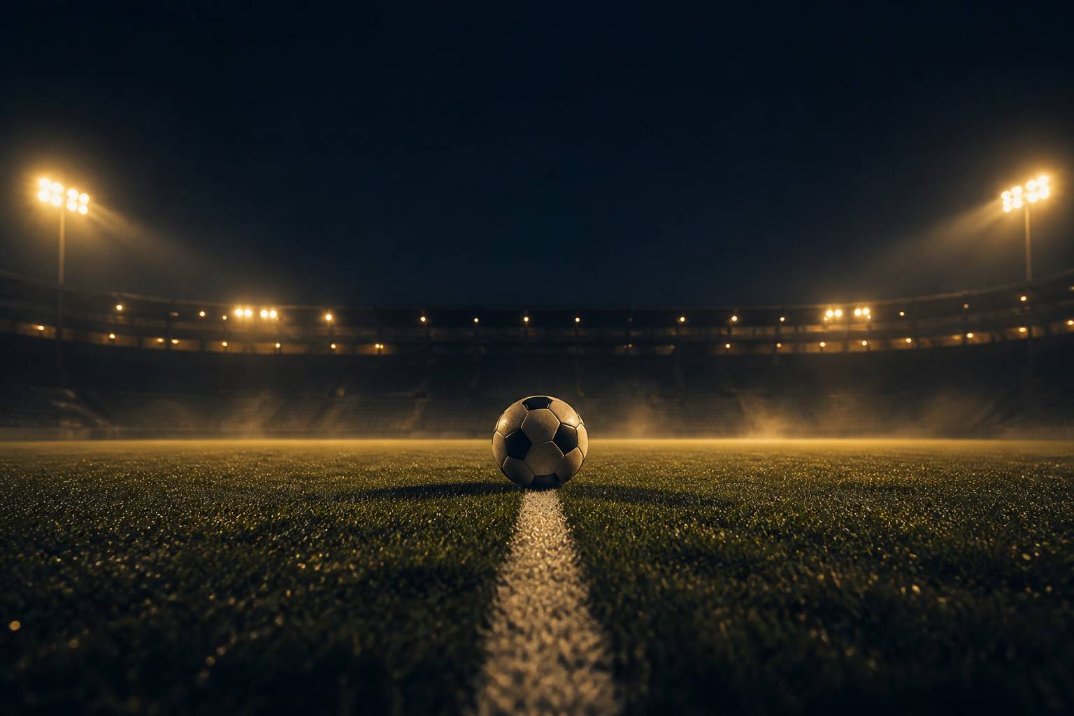 Ballon de football posé sur la pelouse d'un stade éclairé par les projecteurs dans la nuit