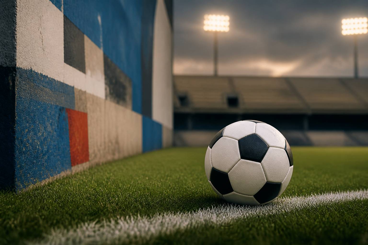 Ballon de football posé sur la pelouse près de la ligne du terrain