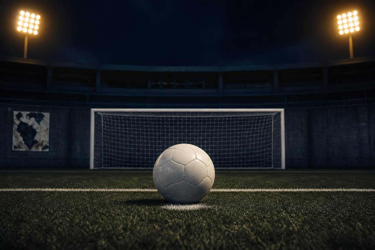Ballon de football sur la pelouse sous les projecteurs