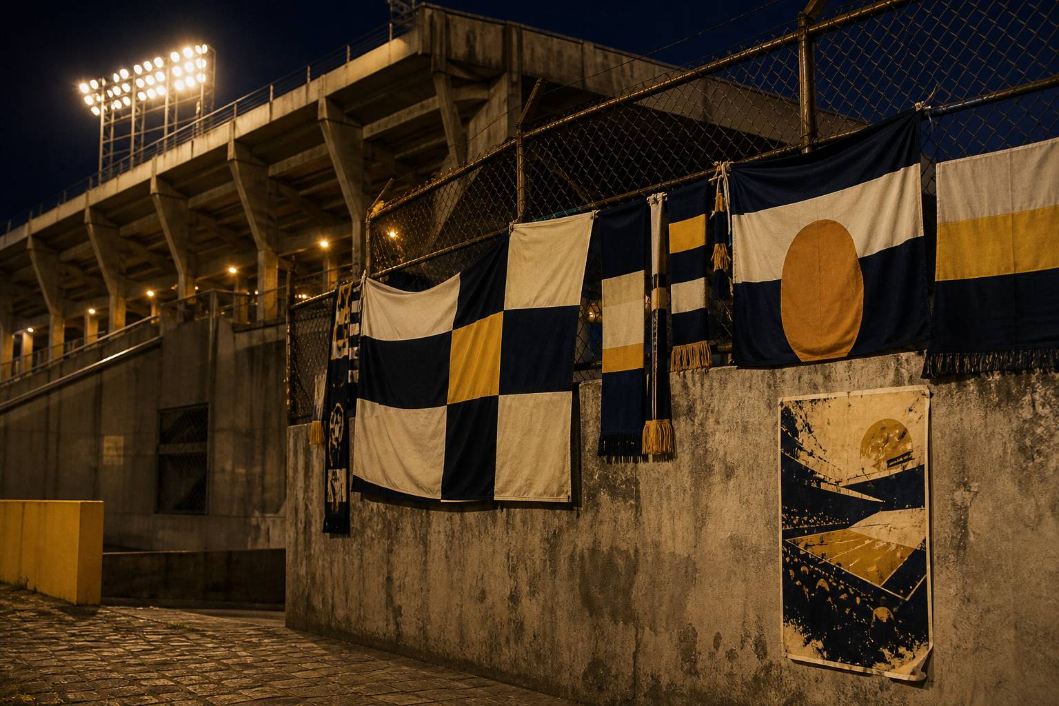 Banderoles et écharpes de supporters accrochées au grillage d'un virage