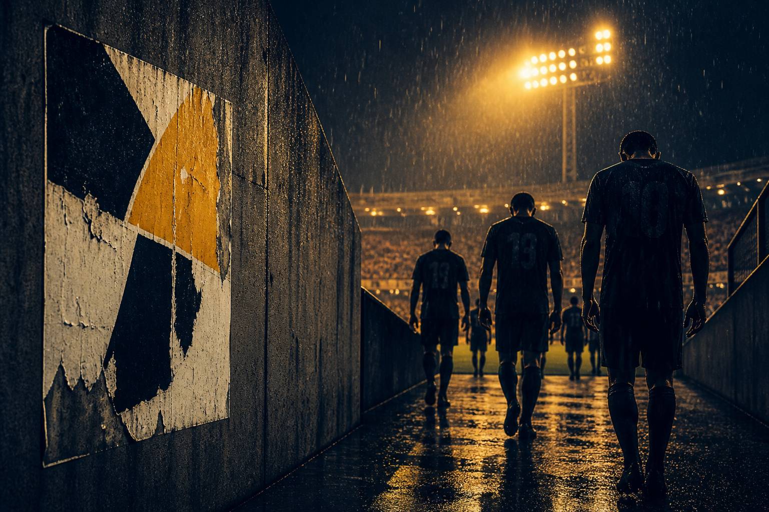 Joueurs de football quittant la pelouse sous la pluie, projecteurs allumés