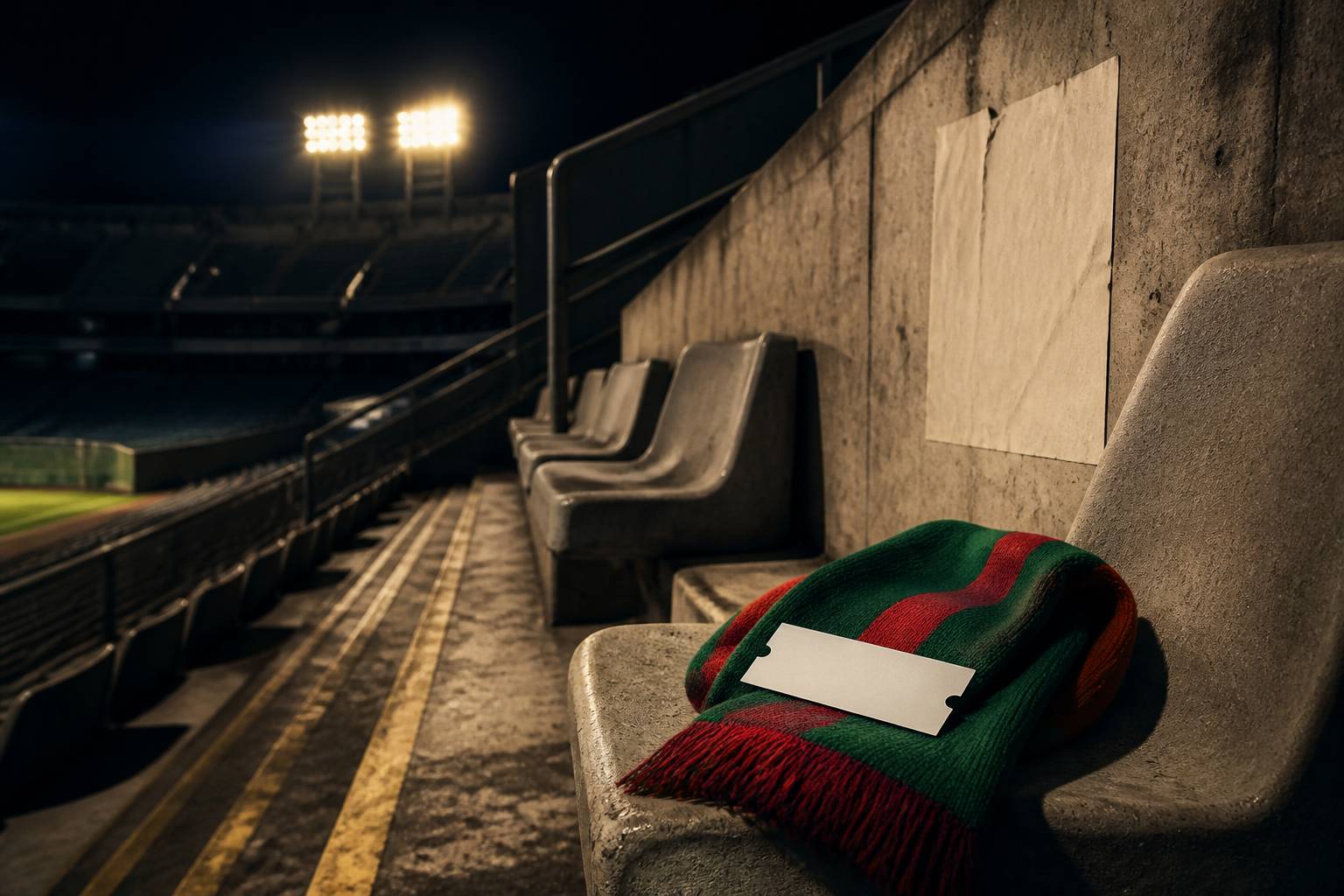 Billet de match et écharpe verte et rouge posés sur un siège de tribune