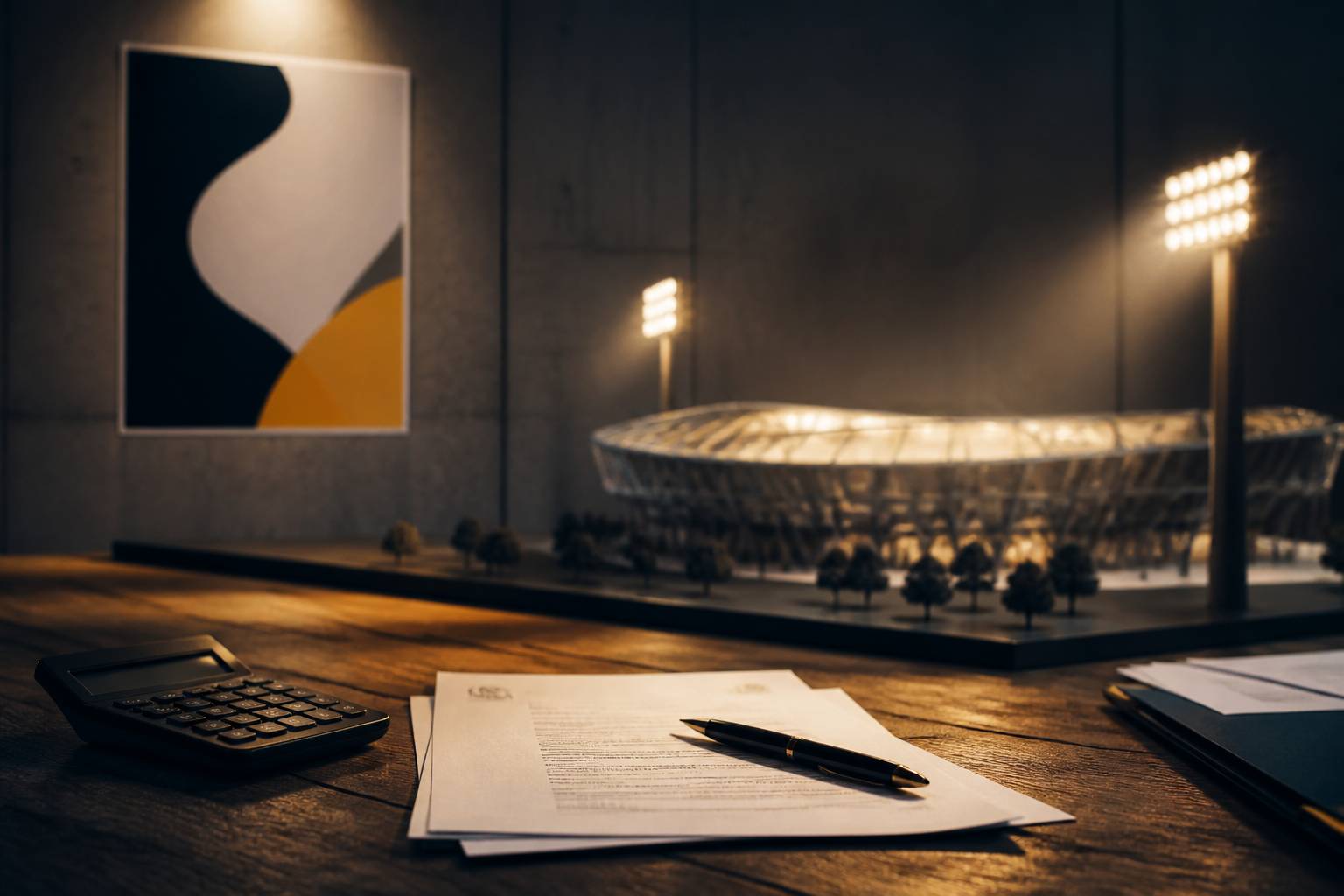 Calculatrice et documents de contrat sur un bureau avec maquette de stade