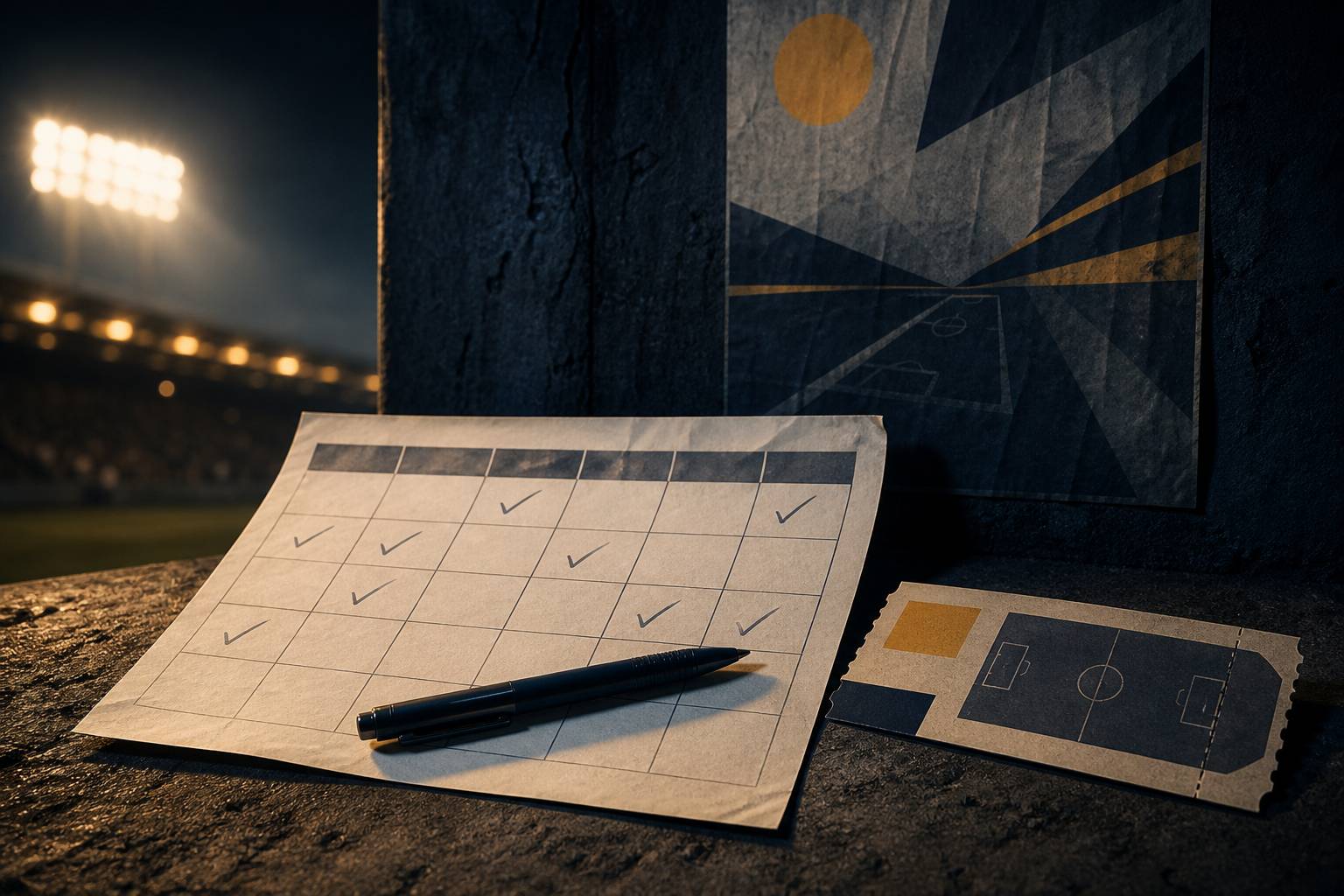 Calendrier papier de matchs avec dates cochees et billet a cote
