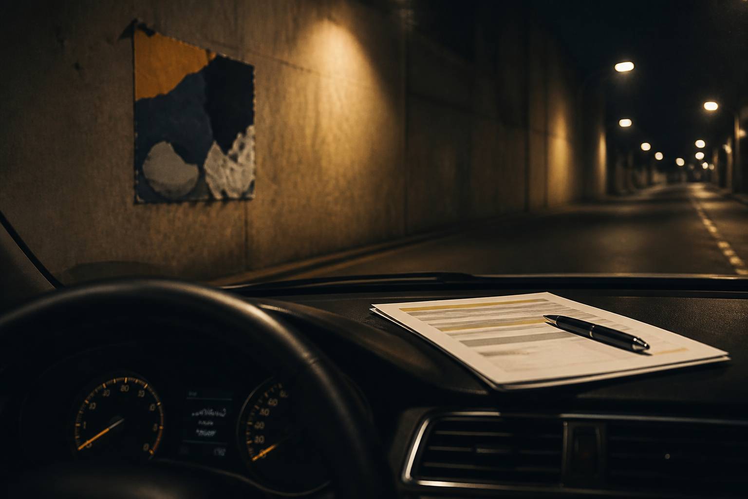 Contrat et stylo sur le tableau de bord d'une voiture, volant au premier plan