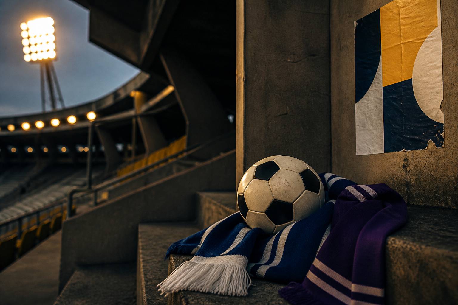 Ballon de football posé sur un siège de tribune avec deux écharpes de supporters