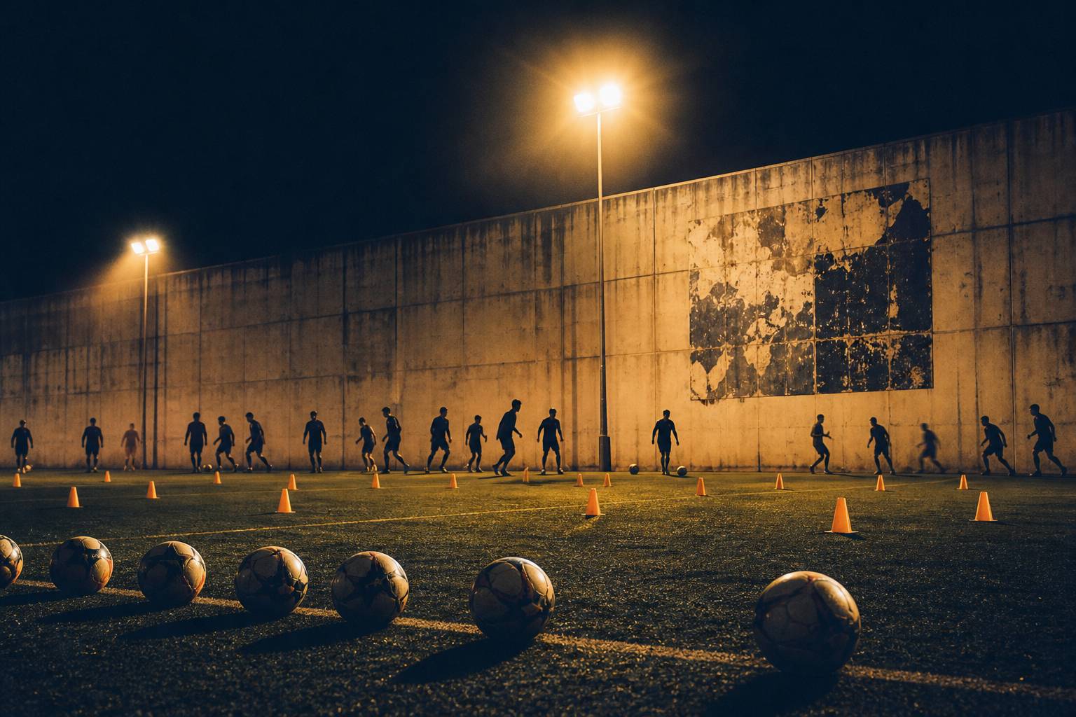 Séance d'entraînement sur pelouse avec cônes orange et ballons alignés