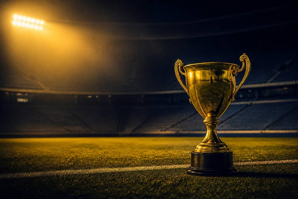 Stade de football le soir sous des projecteurs ambrés avec un trophée générique au premier plan