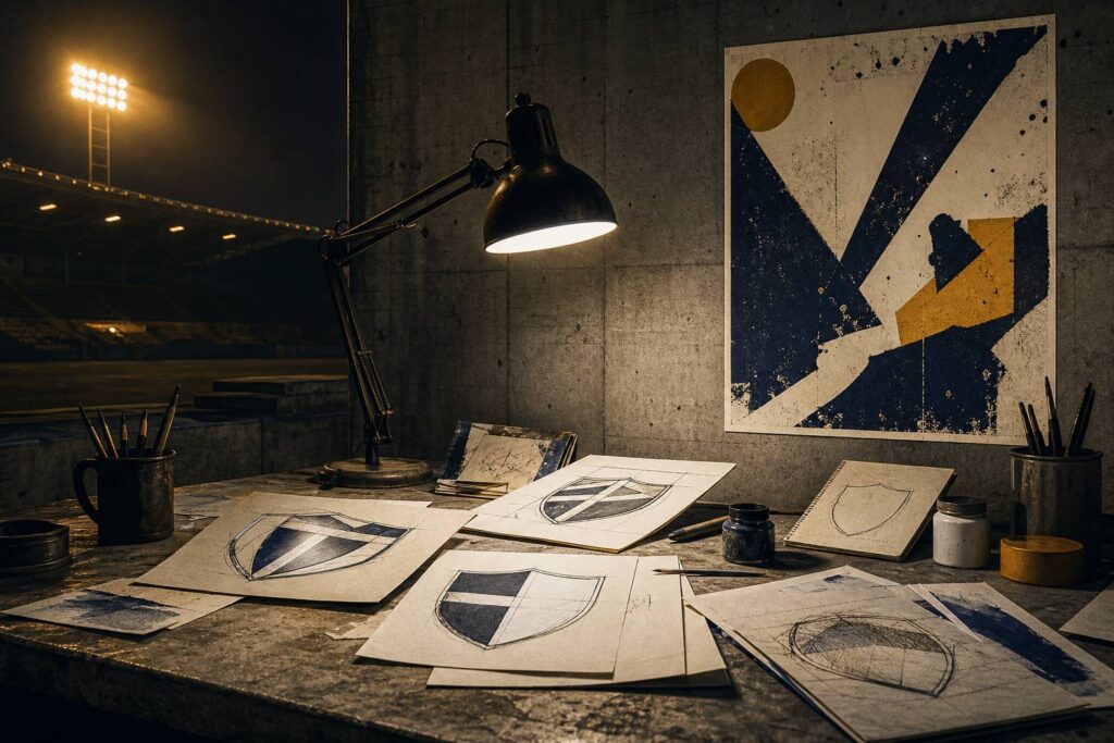 Atelier de graphisme avec croquis d'écussons de football au crayon et encres