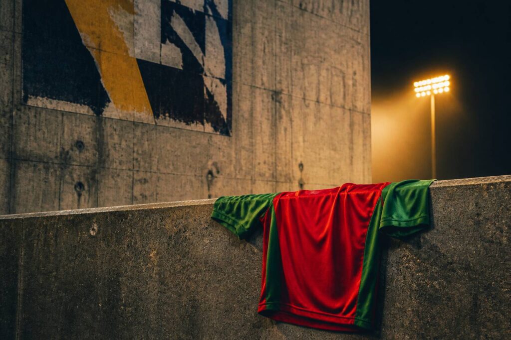 Maillot de football rouge et vert posé sur un muret en béton