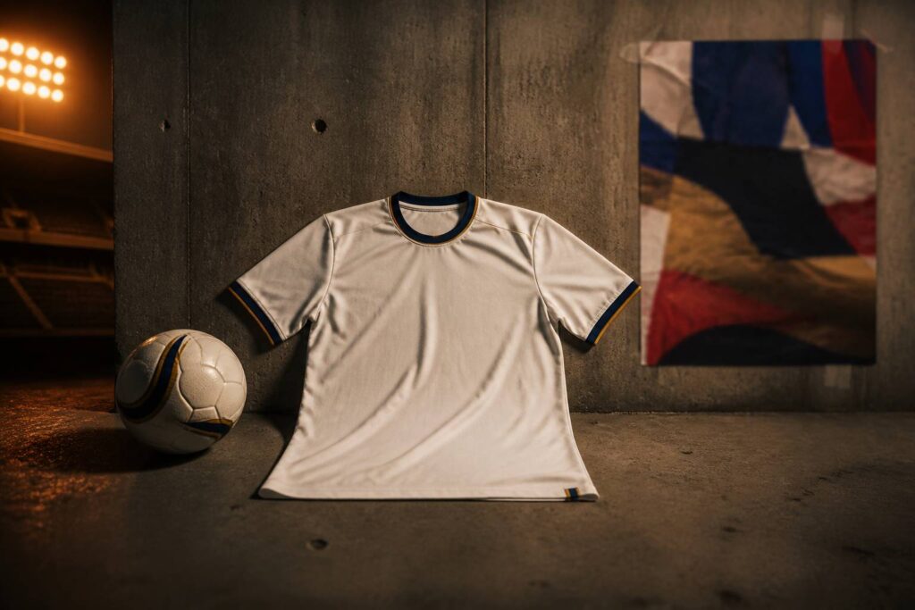 Maillot de football blanc à touches bleues et dorées posé sur béton brut