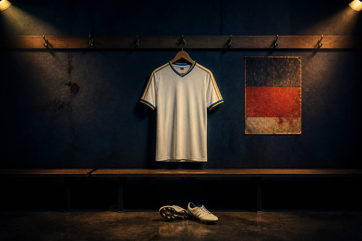 Maillot de football blanc suspendu à un cintre avec crampons au sol