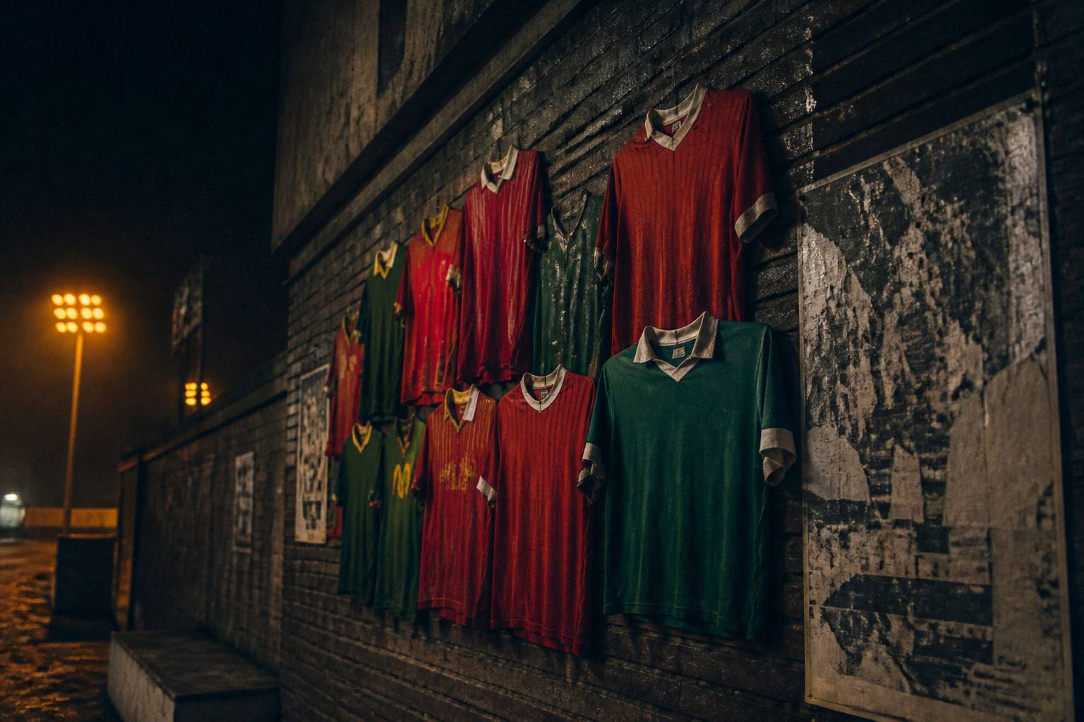Anciens maillots rouge et vert épinglés sur un mur de briques