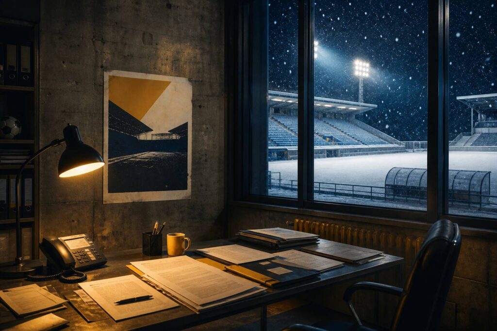 Bureau de club en hiver avec vue sur un stade enneigé et flocons à la fenêtre