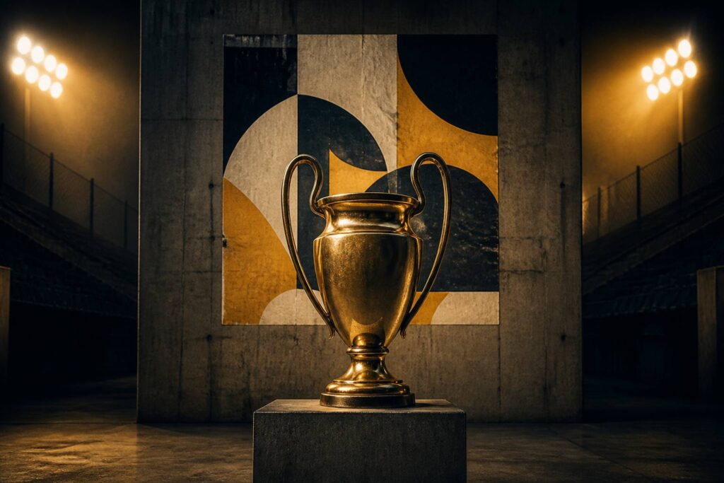 Coupe européenne dorée aux longues anses sur piédestal dans un hall de stade éclairé