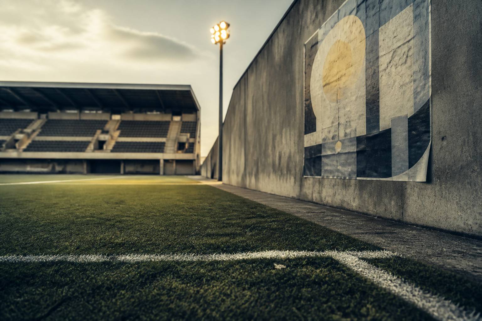 Pelouse de football au ras du sol avec des tribunes vides dans une lumière d'après-match