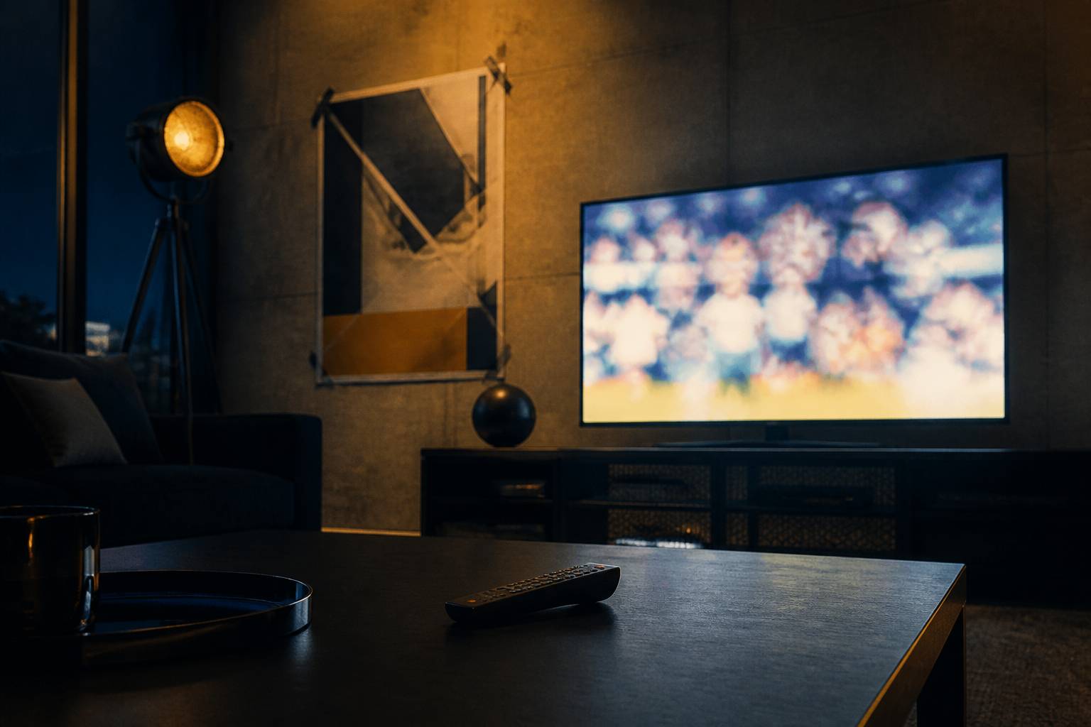Écran de télévision allumé avec télécommande au premier plan dans un salon