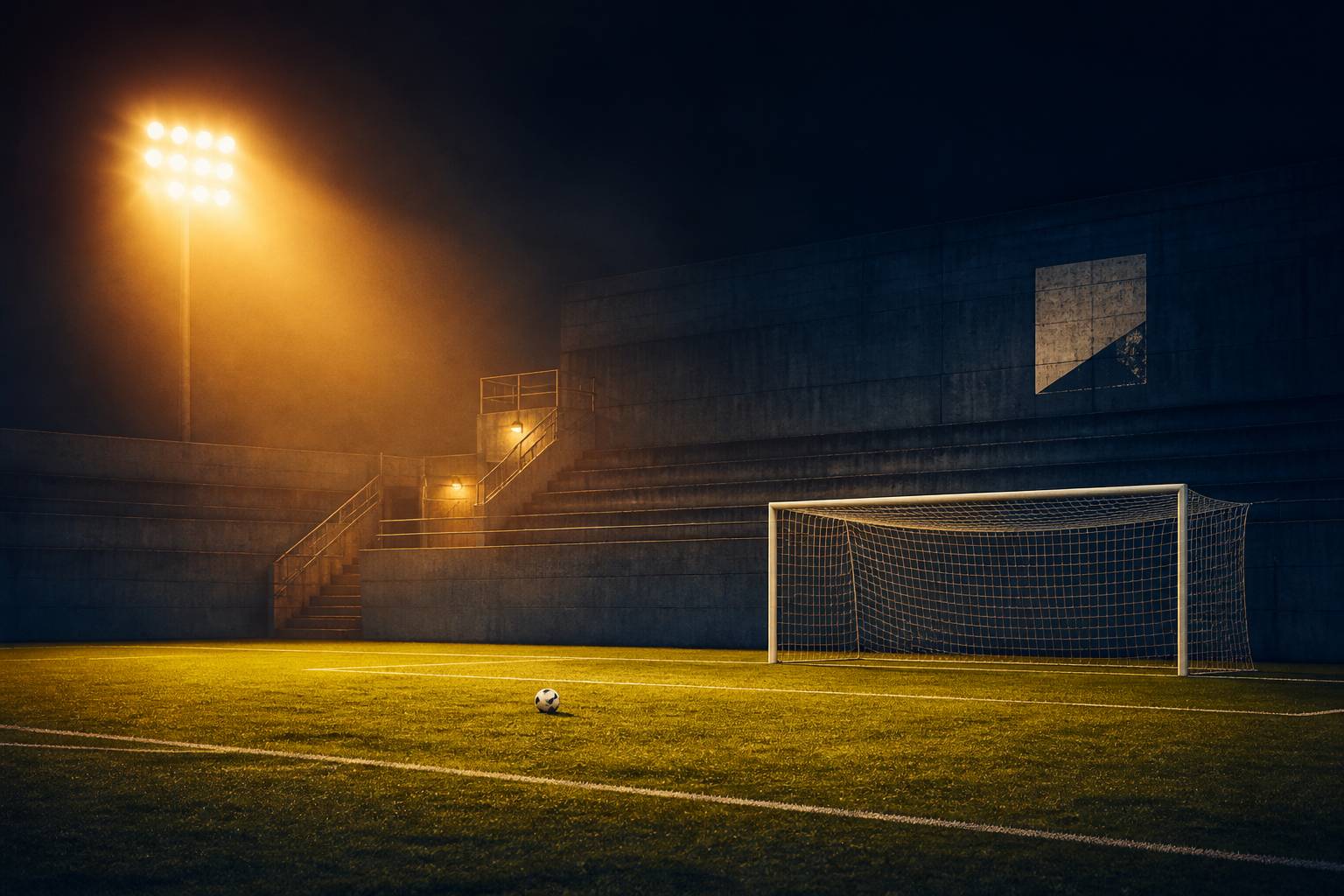 Terrain de football avec filet de but éclairé par les projecteurs
