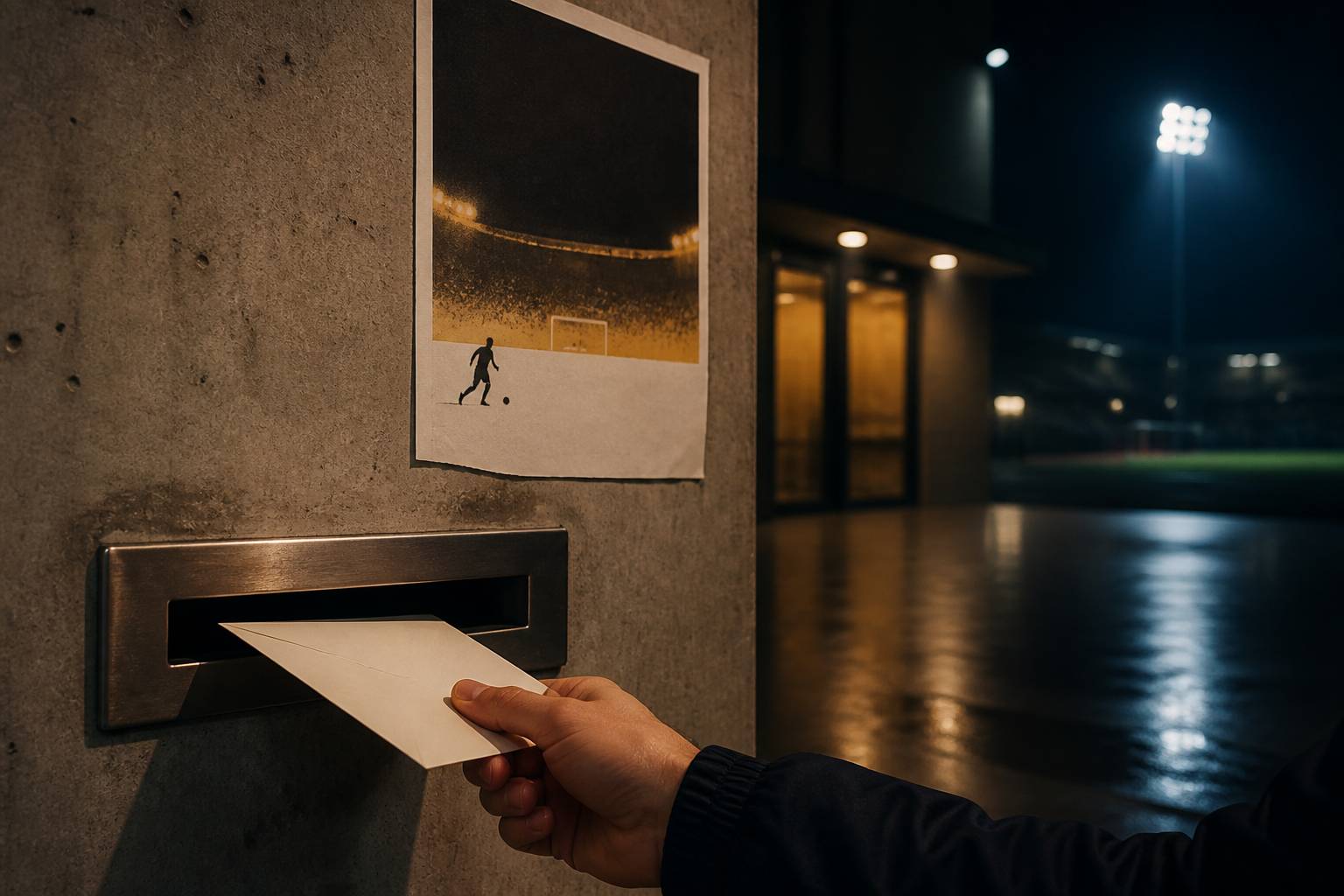 Main glissant une enveloppe dans une boîte aux lettres devant une salle de sport