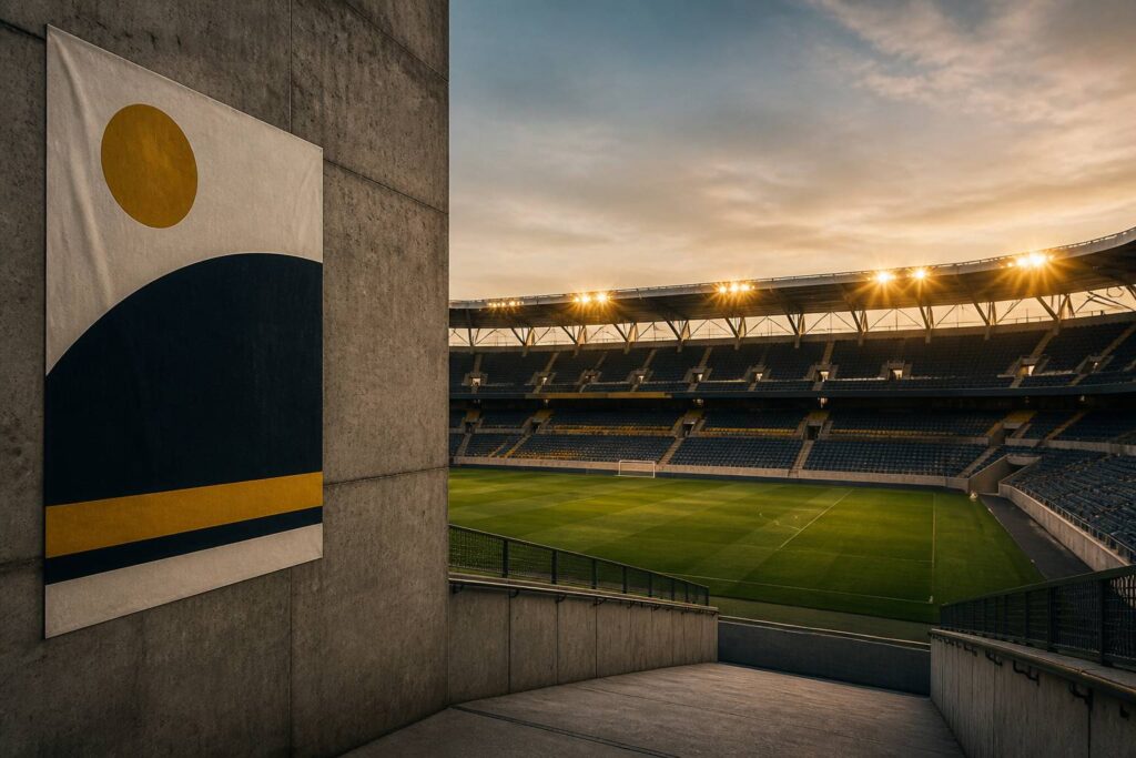 Stade de football avec pelouse et projecteurs évoquant la période des transferts