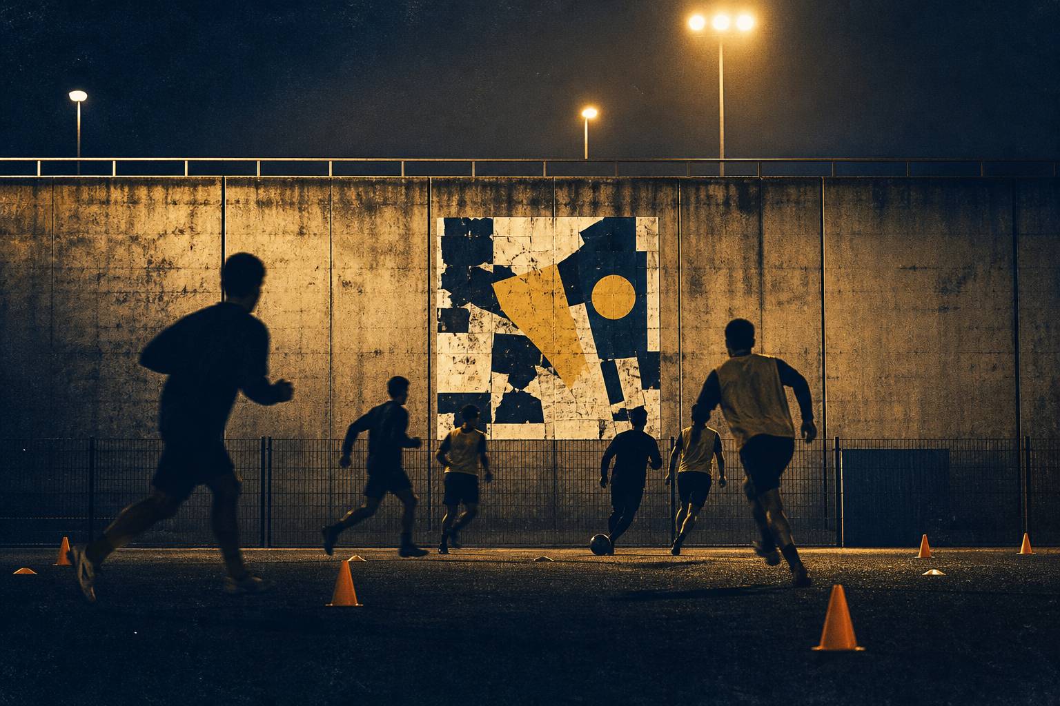 Jeunes joueurs en silhouettes courant avec un ballon sur un terrain d'entraînement
