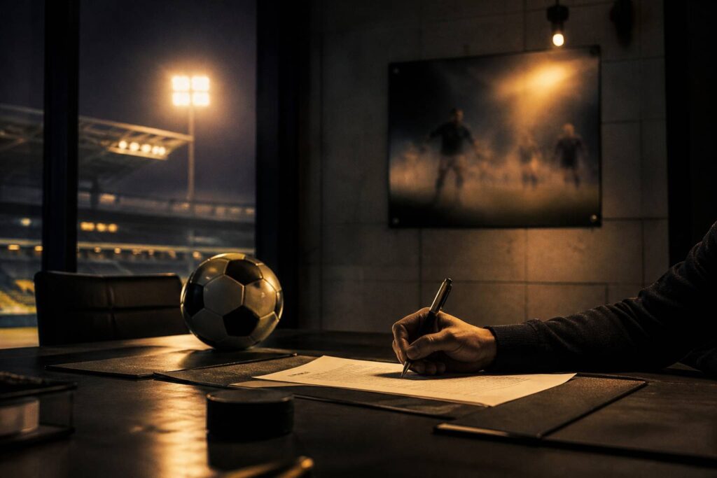 Main signant un contrat de football sur un bureau avec un ballon posé à côté