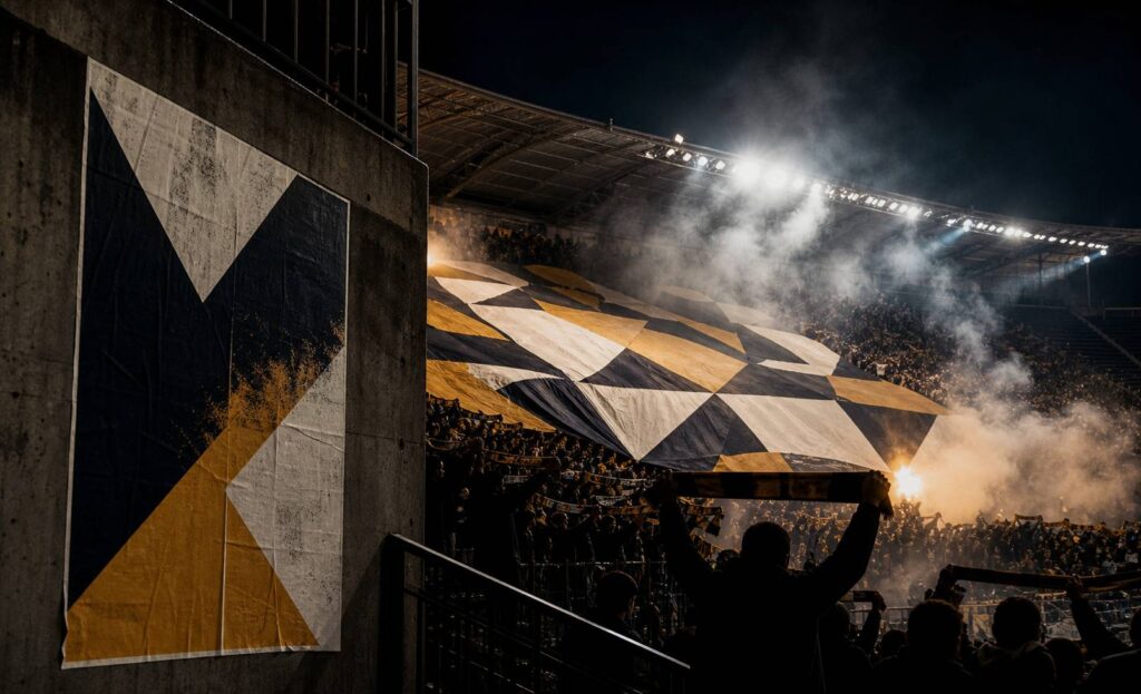 Virage de stade avec tifo géant abstrait et écharpes levées avant le match