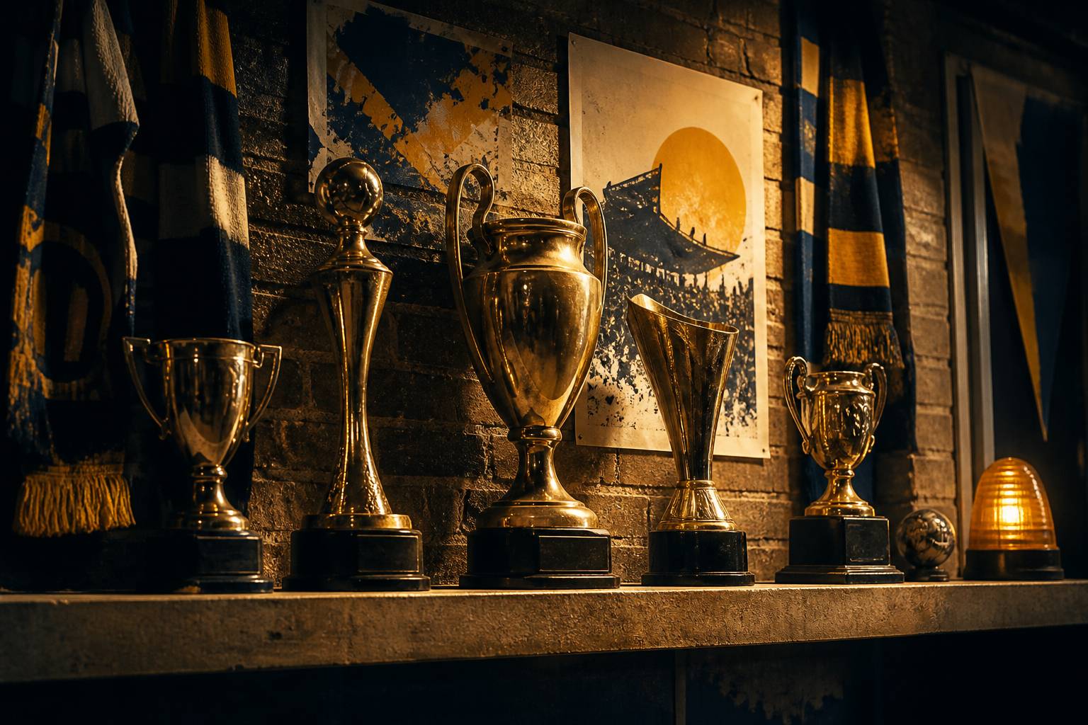 Étagère de club-house avec plusieurs coupes dorées et écharpes de supporters au mur