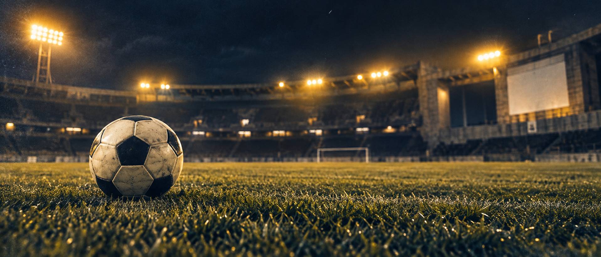 Ballon de football sur la pelouse avec halos de projecteurs la nuit