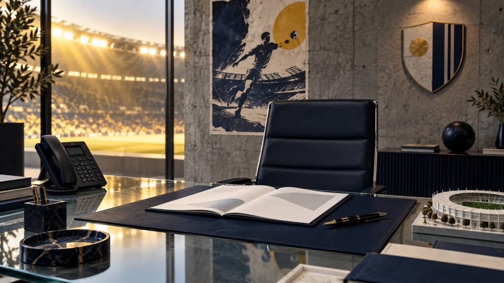 Bureau de négociation sportive avec contrat, stylo et maquette de stade