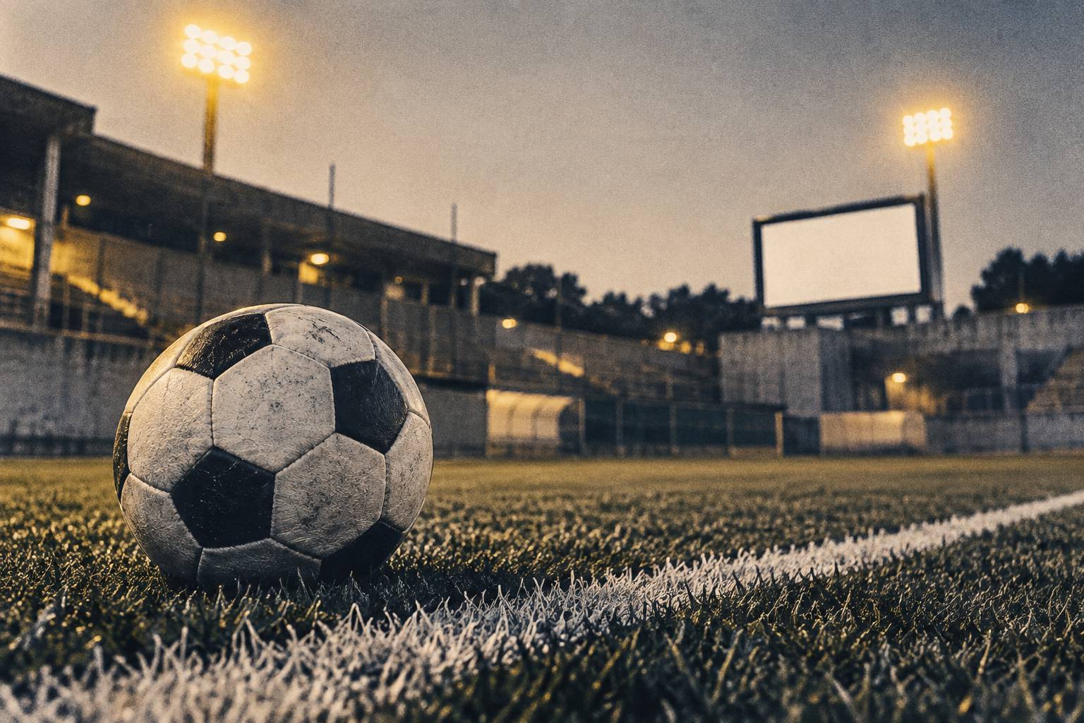 Détail d'un ballon de football sur la pelouse sous les projecteurs