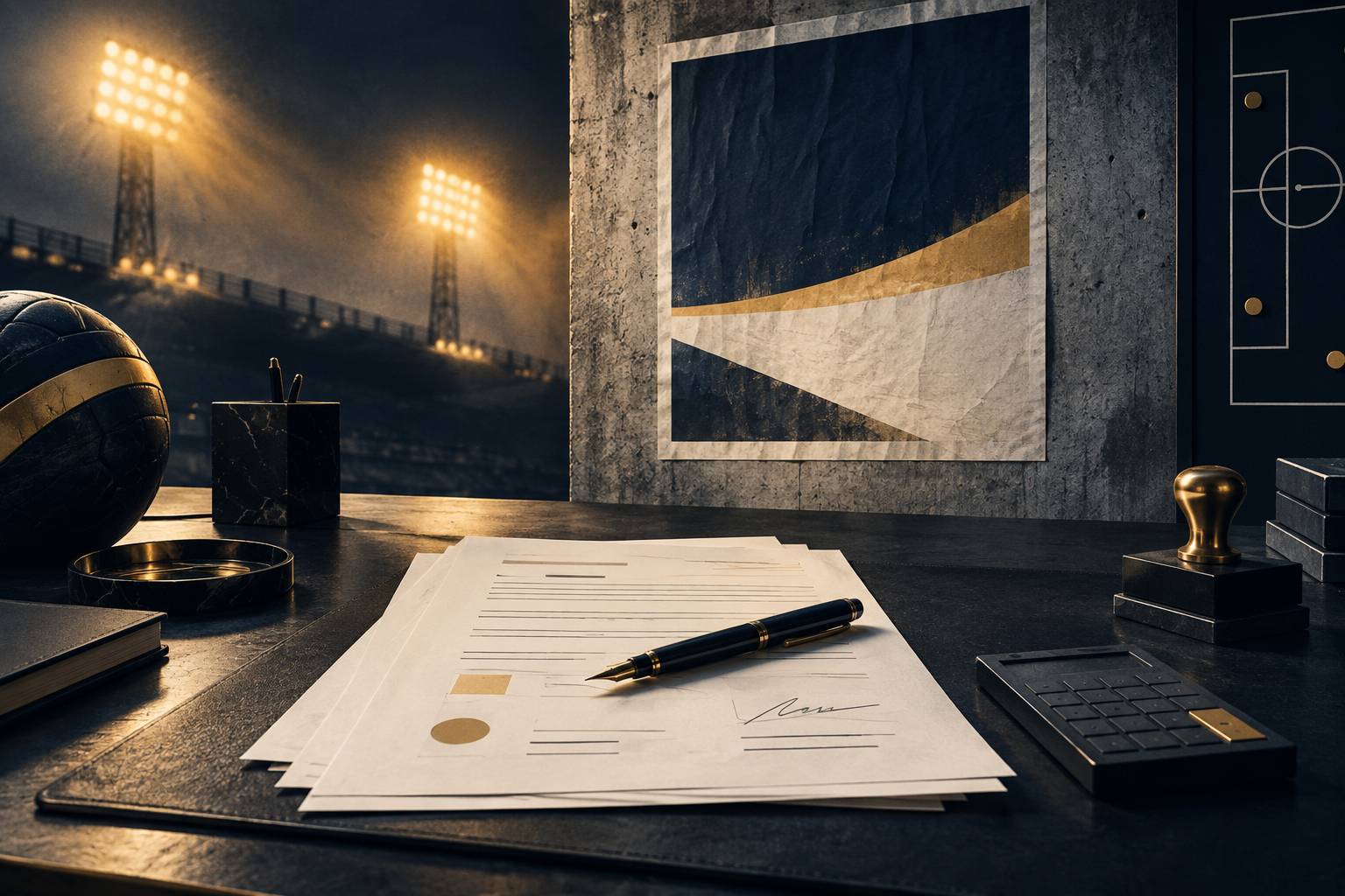 Détail de documents contractuels sportifs avec stylo et tampon