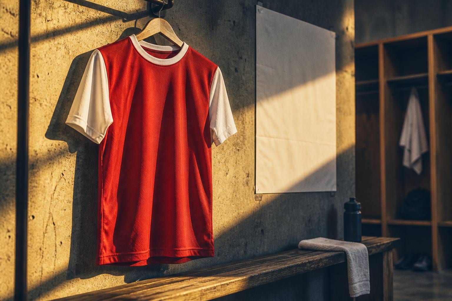 Détail du tissu d'un maillot rouge à manches blanches sur un cintre