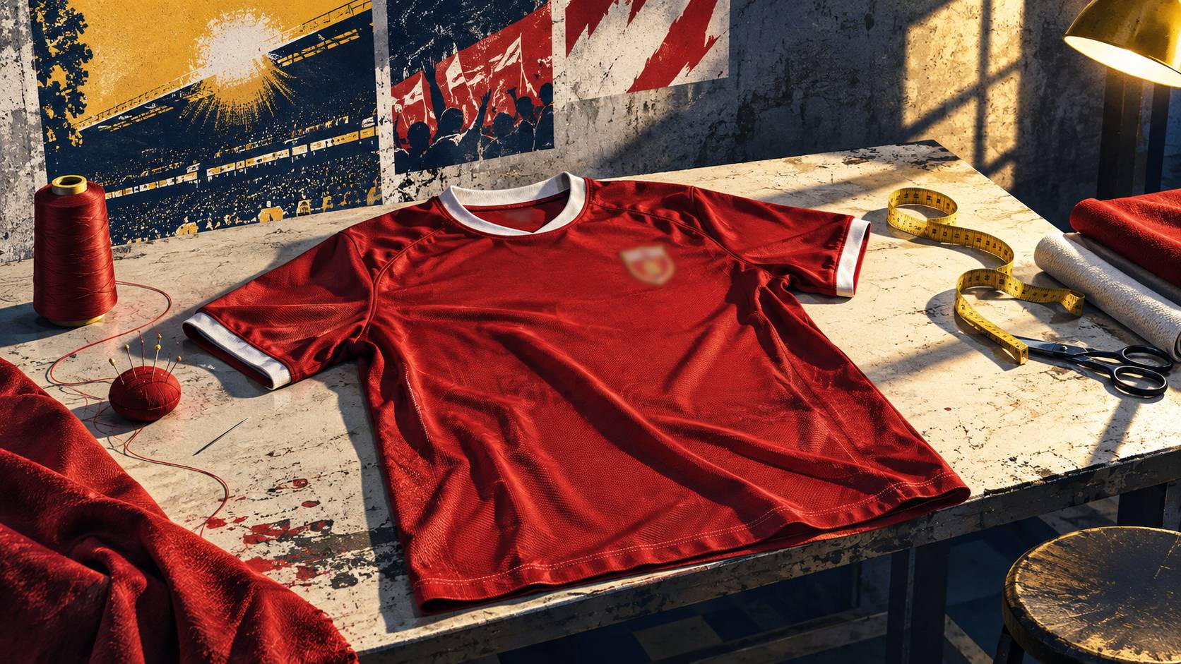 Détail du tissu et de la coupe d'un maillot de football rouge