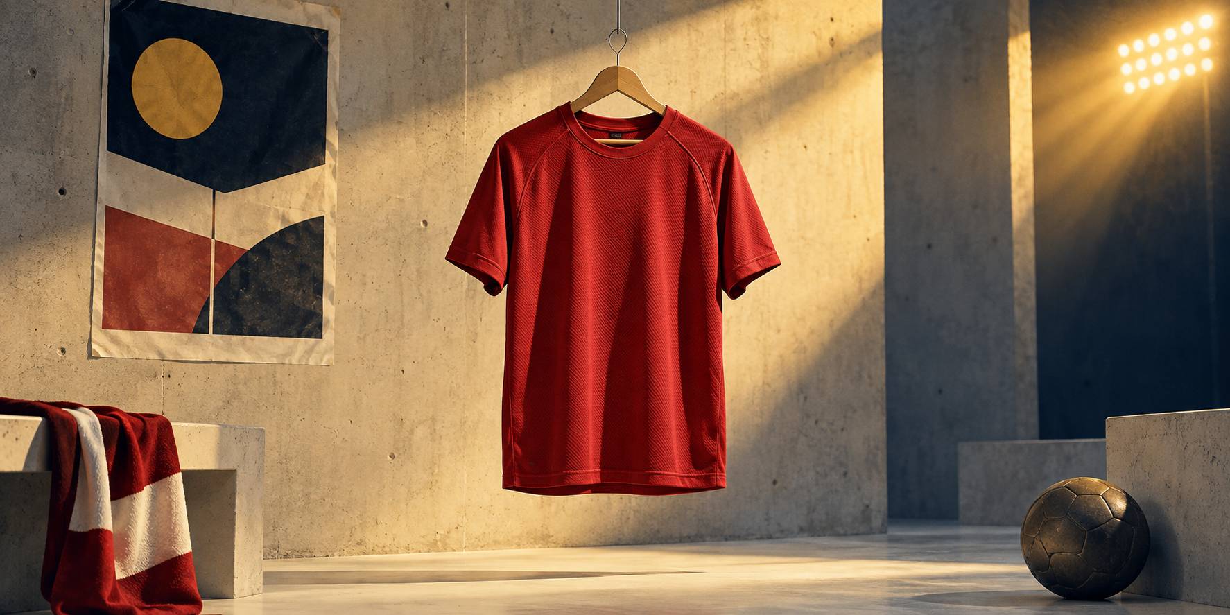 Maillot de football rouge anonyme posé à plat sur fond textile neutre