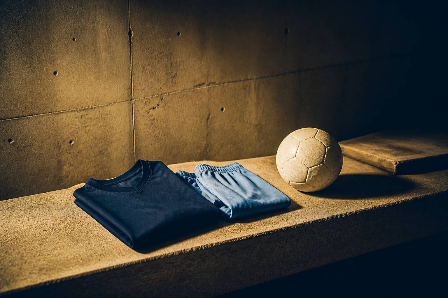 Maillot bleu marine plié avec short bleu ciel et ballon posés sur un banc en béton