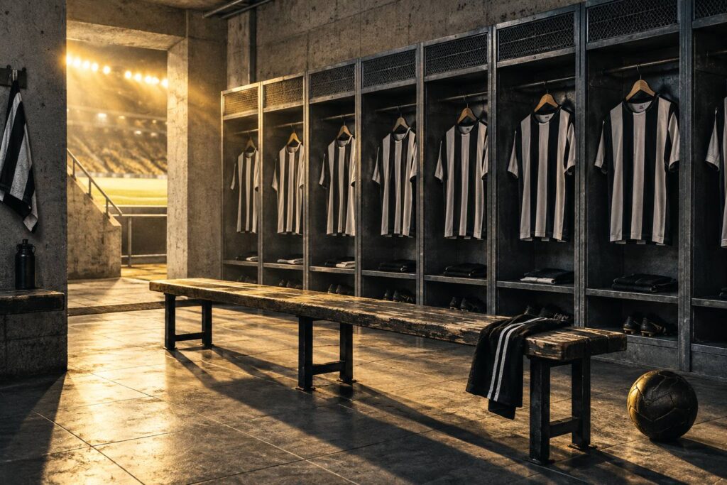 Maillots de football à rayures noires et blanches dans un vestiaire