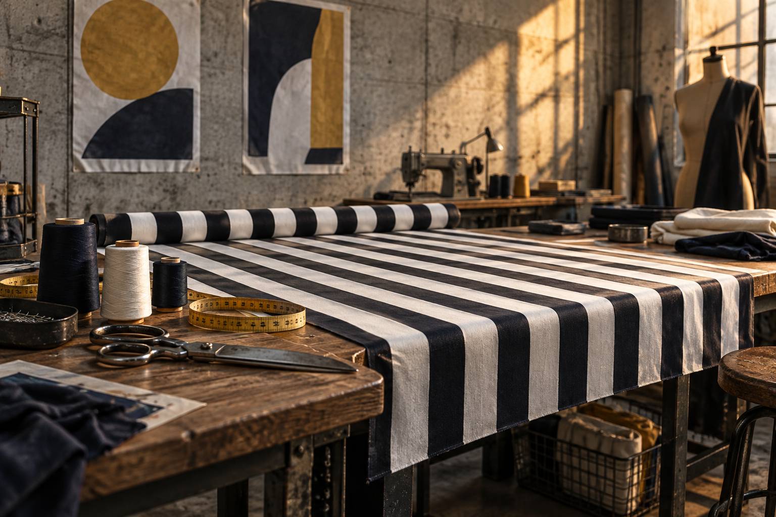 Tissu à rayures noires et blanches et matériel de couture sur une table