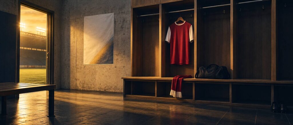 Maillot de football générique rouge à manches blanches suspendu dans un vestiaire