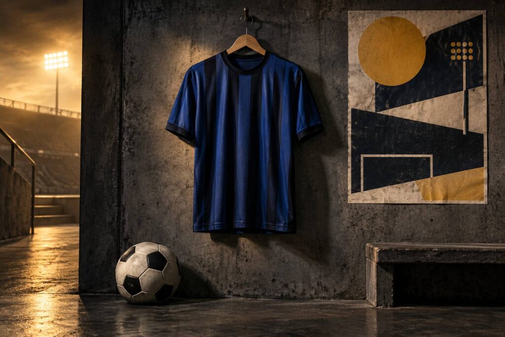 Vue large d'un maillot de football rayé bleu et noir présenté sur un cintre devant un fond sombre : rayures ve